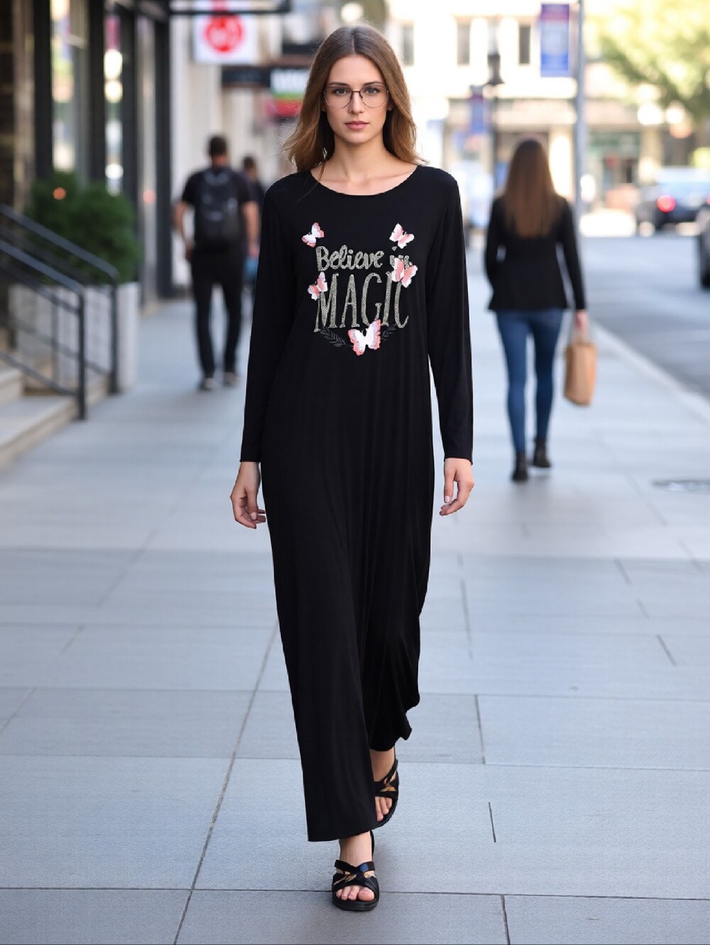 Trend City Black "Believe In Magic" Butterfly Maxi Dress Long Sleeve Size L